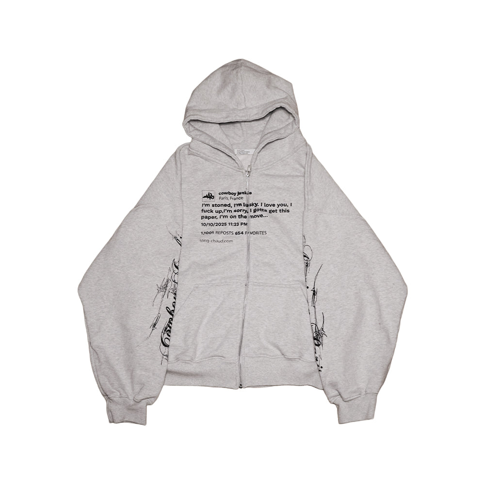 1 OF 1 SANG CHAUD ART GALLERY I LOVE YOU ZIP HOODIE GREY